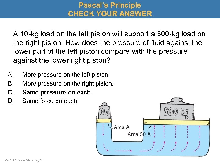 Pascal’s Principle CHECK YOUR ANSWER A 10 -kg load on the left piston will