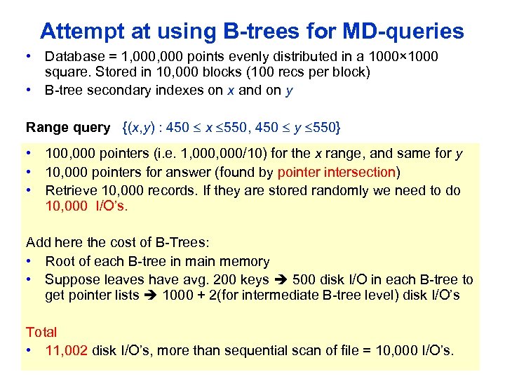 Attempt at using B trees for MD queries • Database = 1, 000 points
