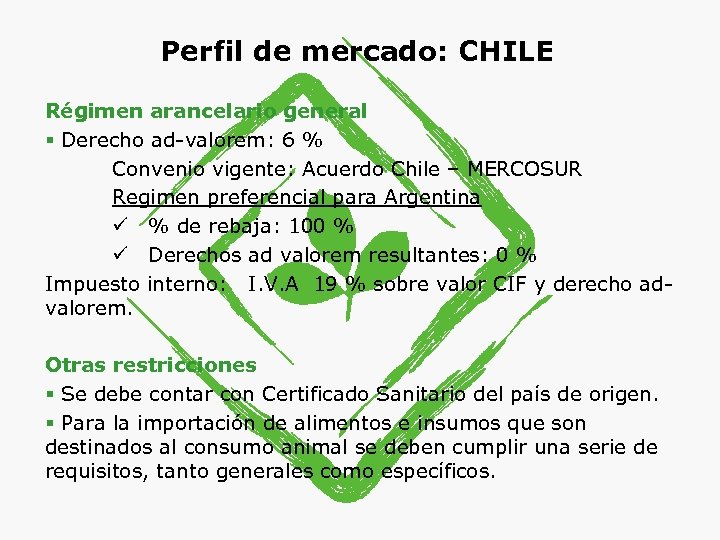 Perfil de mercado: CHILE Régimen arancelario general § Derecho ad-valorem: 6 % Convenio vigente: