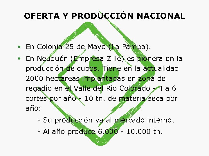 OFERTA Y PRODUCCIÓN NACIONAL § En Colonia 25 de Mayo (La Pampa). § En