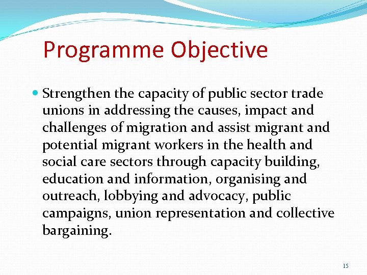 Programme Objective Strengthen the capacity of public sector trade unions in addressing the causes,
