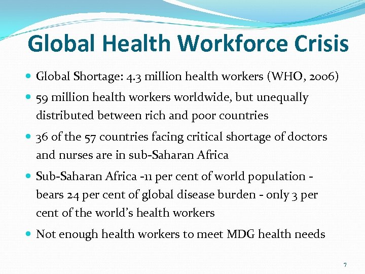 Global Health Workforce Crisis Global Shortage: 4. 3 million health workers (WHO, 2006) 59