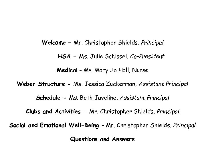 Welcome – Mr. Christopher Shields, Principal HSA - Ms. Julie Schissel, Co-President Medical –