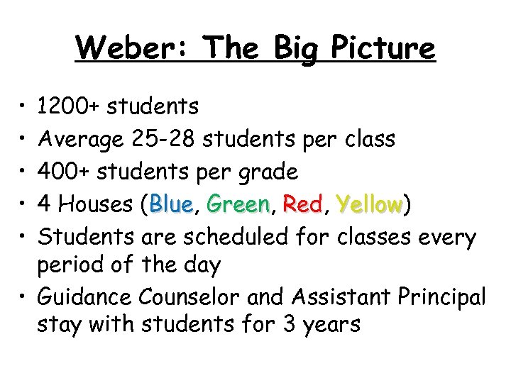 Weber: The Big Picture • • • 1200+ students Average 25 -28 students per