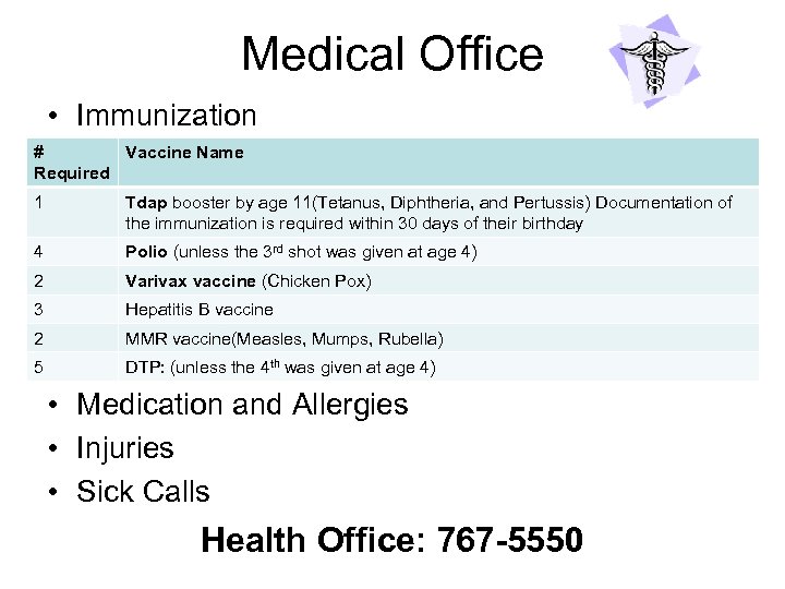Medical Office • Immunization # Vaccine Name Required 1 Tdap booster by age 11(Tetanus,