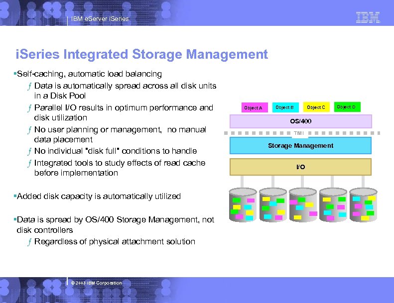 IBM e. Server i. Series Integrated Storage Management §Self-caching, automatic load balancing ƒ Data