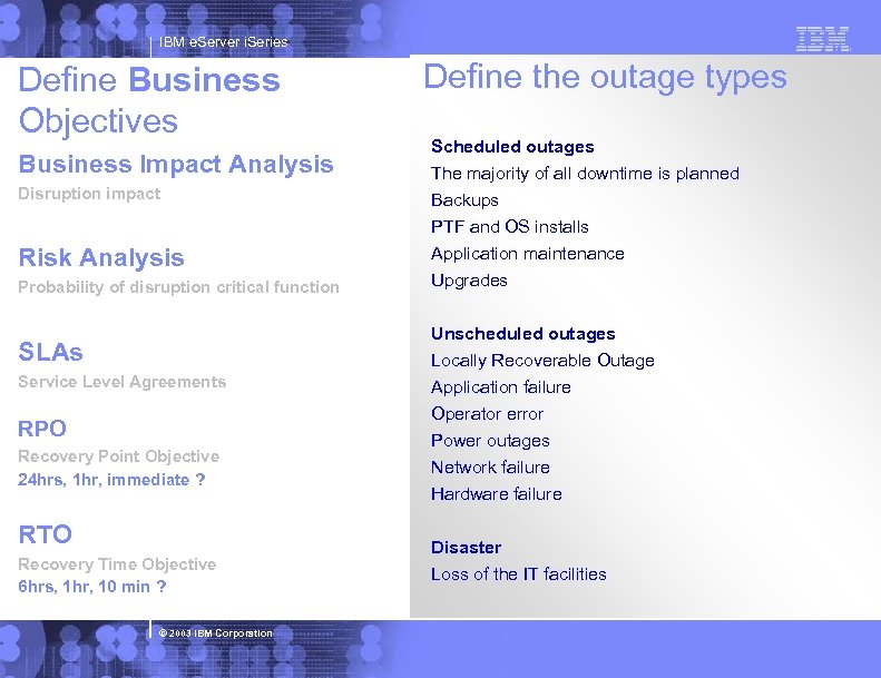 IBM e. Server i. Series Define Business Objectives Business Impact Analysis Disruption impact Risk