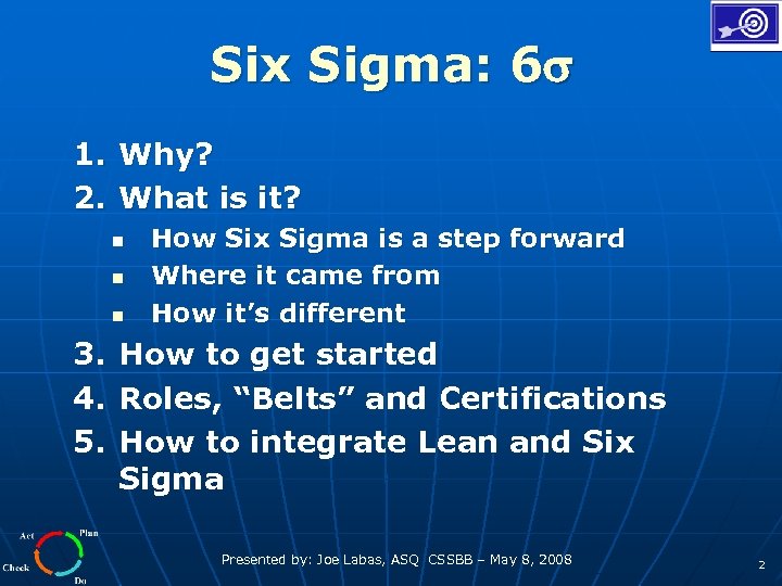 Six Sigma: 6 1. Why? 2. What is it? n n n How Six