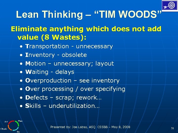 Lean Thinking – “TIM WOODS” Eliminate anything which does not add value (8 Wastes):