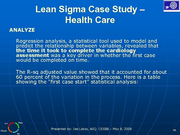 Lean Sigma Case Study – Health Care ANALYZE Regression analysis, a statistical tool used