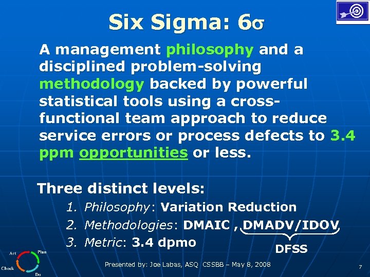  Six Sigma: 6 A management philosophy and a disciplined problem-solving methodology backed by