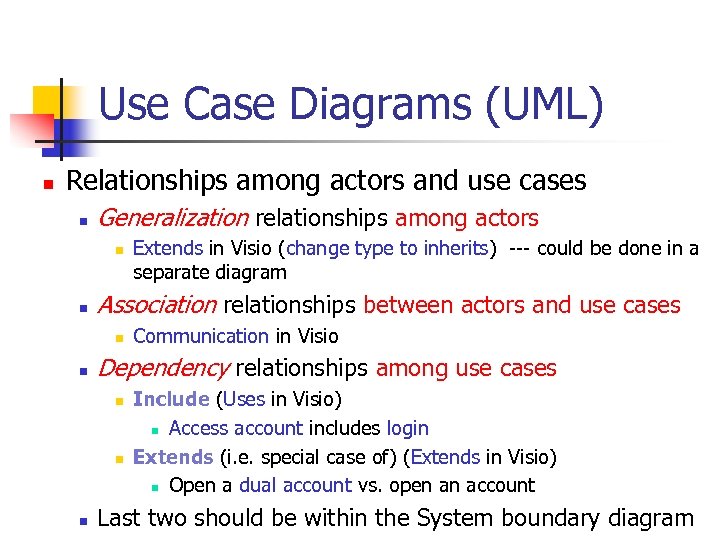 Use Case Diagrams (UML) n Relationships among actors and use cases n Generalization relationships