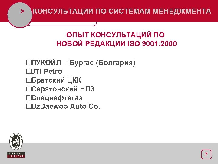 > КОНСУЛЬТАЦИИ ПО СИСТЕМАМ МЕНЕДЖМЕНТА ОПЫТ КОНСУЛЬТАЦИЙ ПО НОВОЙ РЕДАКЦИИ ISO 9001: 2000 Ш