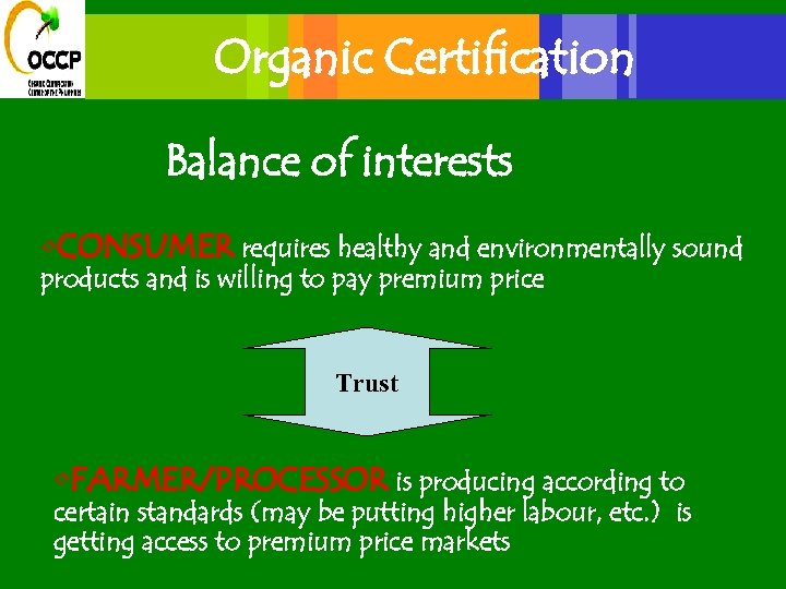 Organic Certification Balance of interests • CONSUMER requires healthy and environmentally sound products and