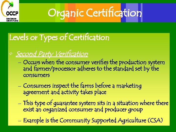 Organic Certification Levels or Types of Certification • Second Party Verification – Occurs when