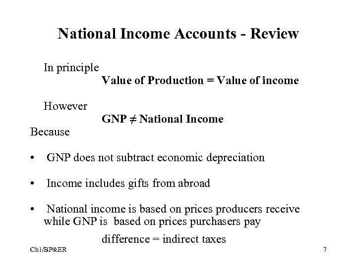 National Income Accounts - Review In principle However Because Value of Production = Value