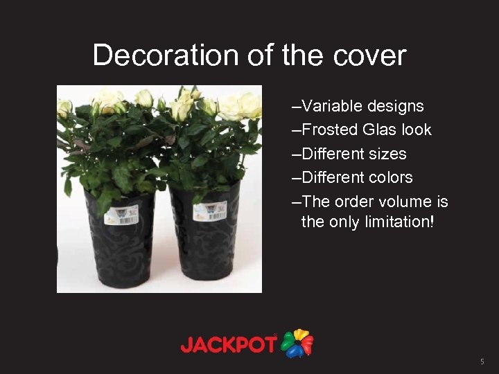 Decoration of the cover –Variable designs –Frosted Glas look –Different sizes –Different colors –The