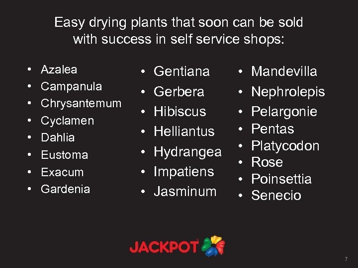 Easy drying plants that soon can be sold with success in self service shops: