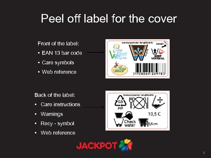 Peel off label for the cover Front of the label: • EAN 13 bar