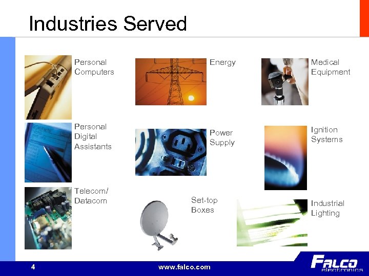 Industries Served Personal Computers Personal Digital Assistants Telecom/ Datacom 4 Energy Medical Equipment Power