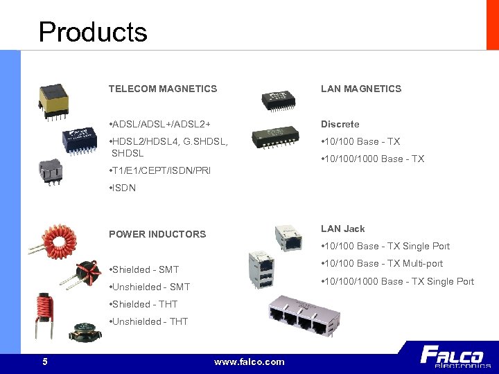 Products TELECOM MAGNETICS LAN MAGNETICS • ADSL/ADSL+/ADSL 2+ Discrete • HDSL 2/HDSL 4, G.