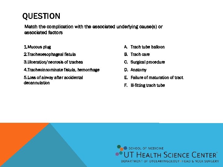 QUESTION Match the complication with the associated underlying cause(s) or associated factors 1. Mucous