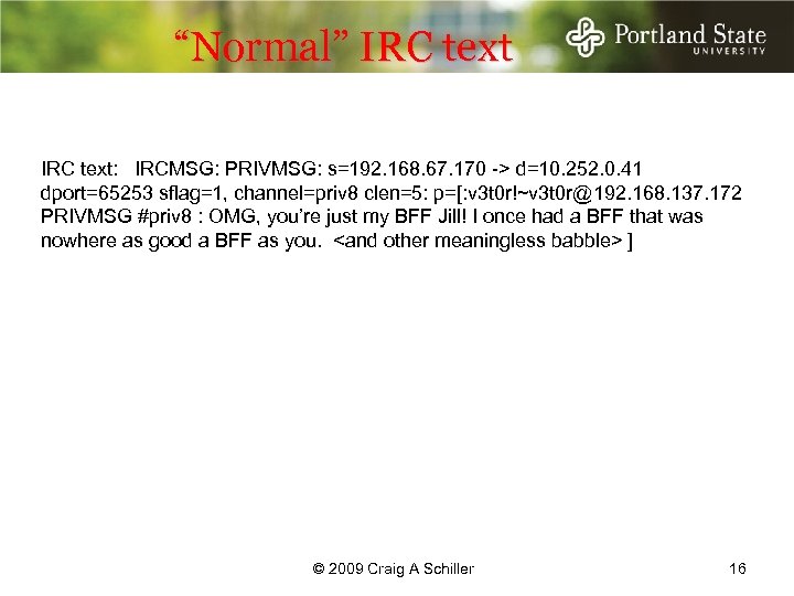 “Normal” IRC text: IRCMSG: PRIVMSG: s=192. 168. 67. 170 -> d=10. 252. 0. 41
