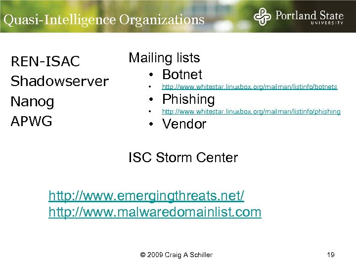 Quasi-Intelligence Organizations REN-ISAC Shadowserver Nanog APWG Mailing lists • Botnet • http: //www. whitestar.