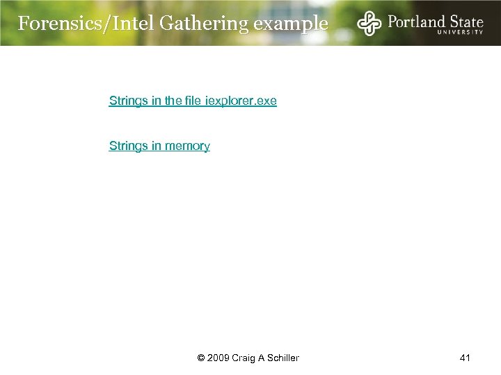 Forensics/Intel Gathering example Strings in the file iexplorer. exe Strings in memory © 2009