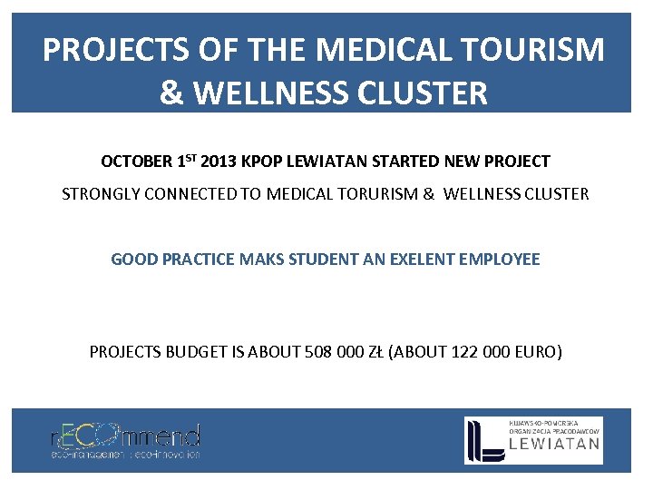 PROJECTS OF THE MEDICAL TOURISM & WELLNESS CLUSTER OCTOBER 1 ST 2013 KPOP LEWIATAN