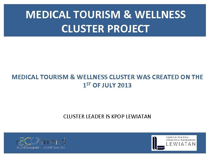 MEDICAL TOURISM & WELLNESS CLUSTER PROJECT MEDICAL TOURISM & WELLNESS CLUSTER WAS CREATED ON