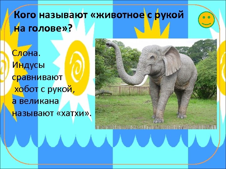 Кого называют «животное с рукой на голове» ? Слона. Индусы сравнивают хобот с рукой,