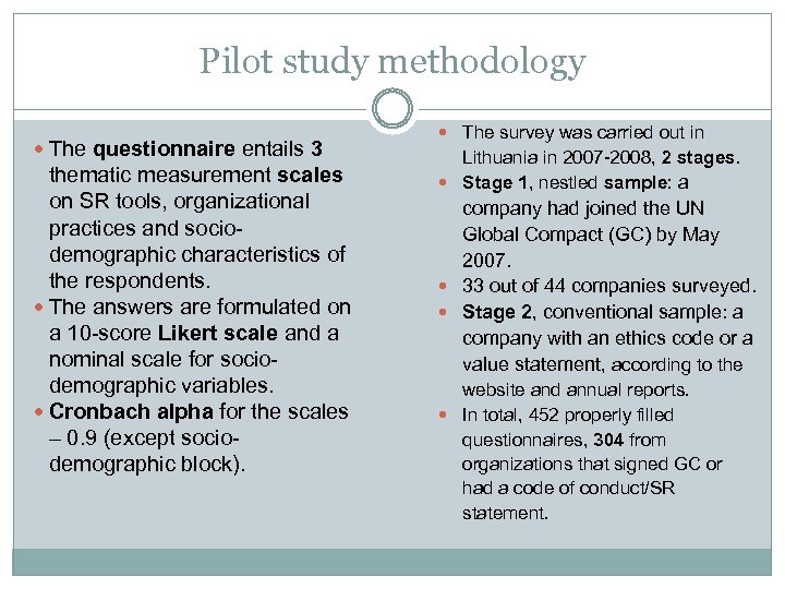 Pilot study methodology The questionnaire entails 3 thematic measurement scales on SR tools, organizational