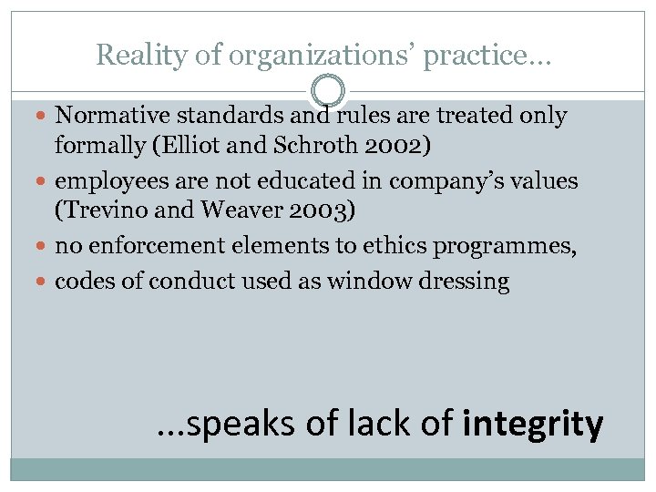 Reality of organizations’ practice. . . Normative standards and rules are treated only formally