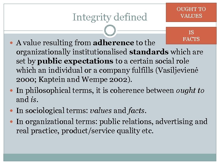 Integrity defined A value resulting from adherence to the OUGHT TO VALUES IS FACTS