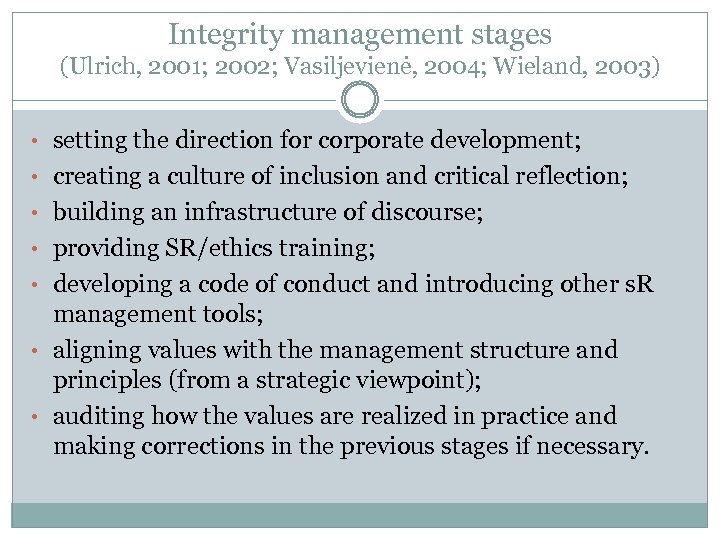 Integrity management stages (Ulrich, 2001; 2002; Vasiljevienė, 2004; Wieland, 2003) • setting the direction