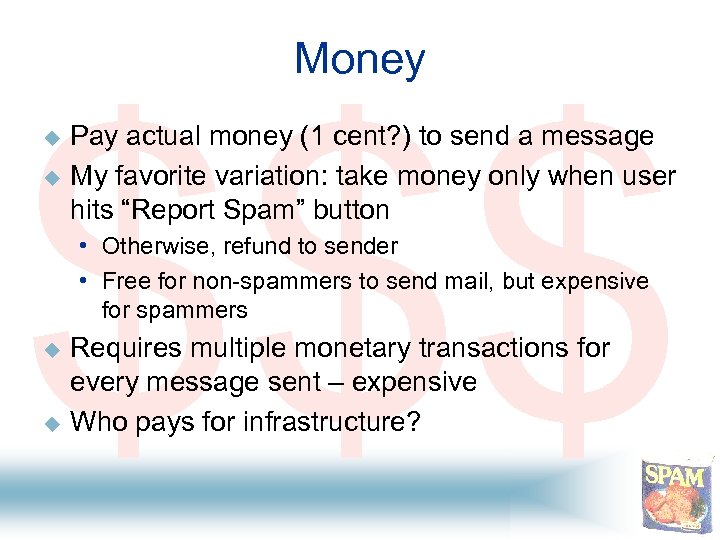Money $$$ u u Pay actual money (1 cent? ) to send a message