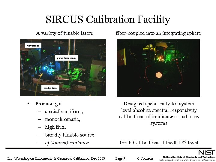 SIRCUS Calibration Facility A variety of tunable lasers fiber-coupled into an integrating sphere wavemeter