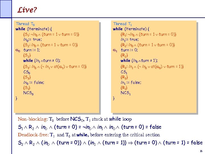 Live? Thread T 0 while (!terminate) { {S 1: ¬in 0 (turn = 1