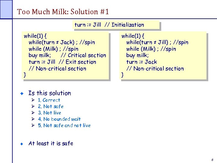 Too Much Milk: Solution #1 turn : = Jill // Initialization while(1) { while(turn