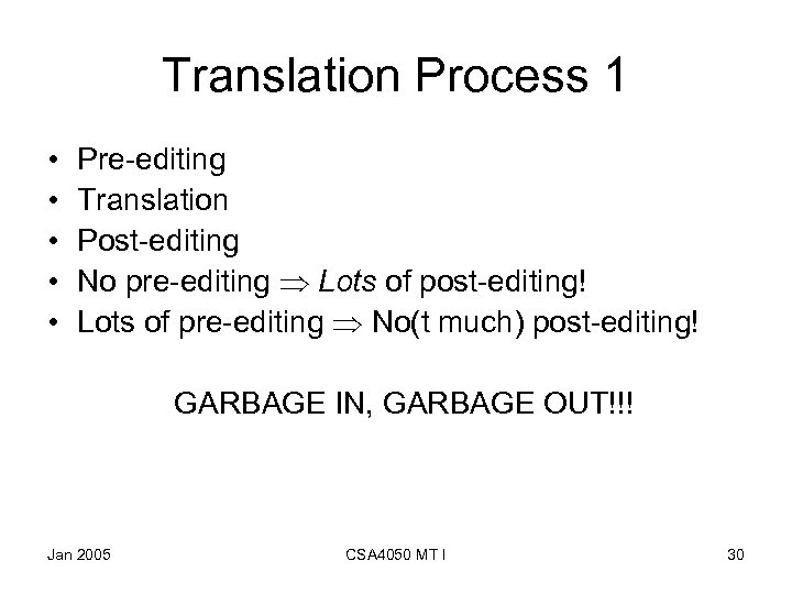 Translation Process 1 • • • Pre-editing Translation Post-editing No pre-editing Lots of post-editing!