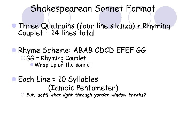 Shakespearean Sonnet Format l Three Quatrains (four line stanza) + Rhyming Couplet = 14