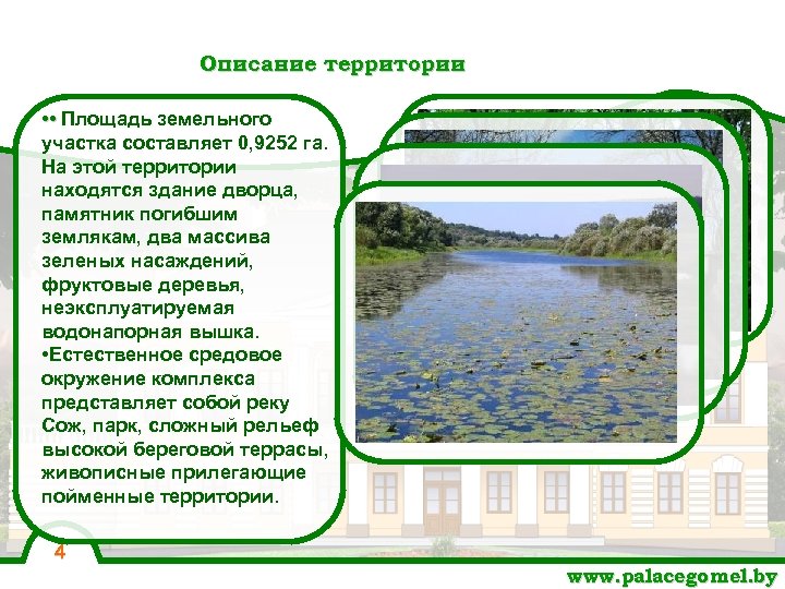 Описание территории • • Площадь земельного участка составляет 0, 9252 га. На этой территории