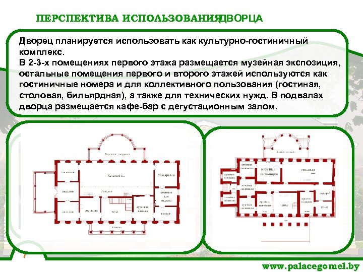 ПЕРСПЕКТИВА ИСПОЛЬЗОВАНИЯ ДВОРЦА Дворец планируется использовать как культурно-гостиничный комплекс. В 2 -3 -х помещениях
