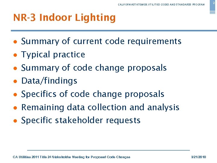 CALIFORNIASTATEWIDE UTILITIES CODES AND STANDARDS PROGRAM NR-3 Indoor Lighting ● Summary of current code