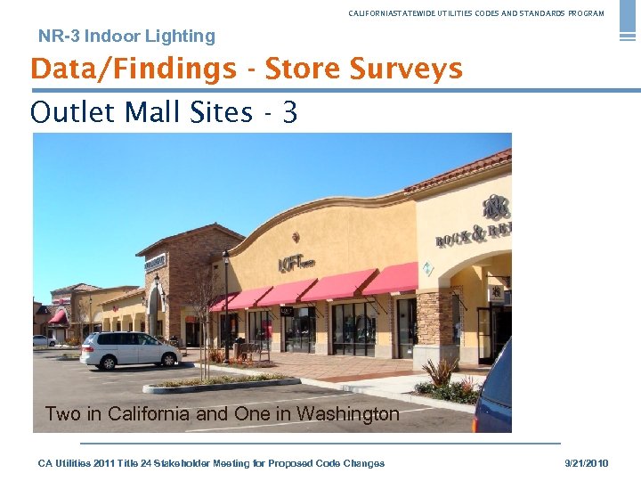 CALIFORNIASTATEWIDE UTILITIES CODES AND STANDARDS PROGRAM NR-3 Indoor Lighting Data/Findings - Store Surveys Outlet