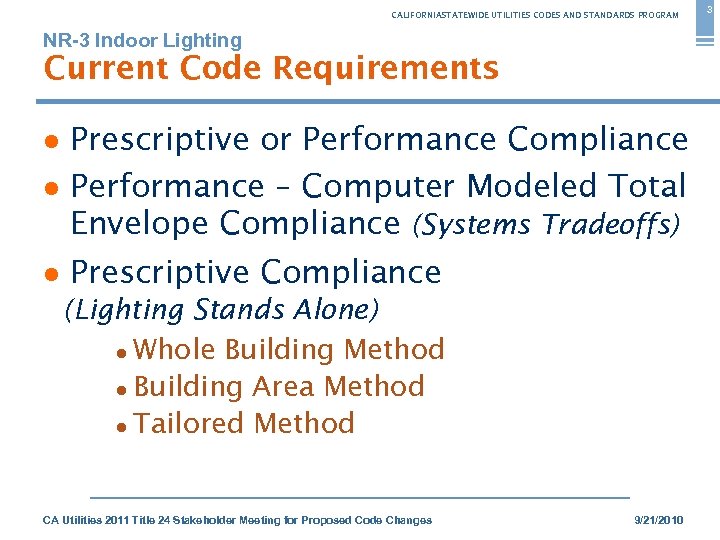 CALIFORNIASTATEWIDE UTILITIES CODES AND STANDARDS PROGRAM NR-3 Indoor Lighting Current Code Requirements ● Prescriptive