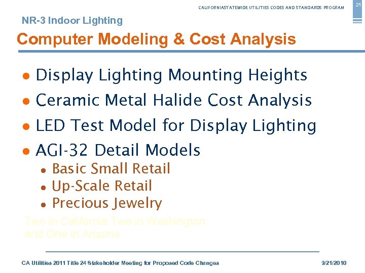 CALIFORNIASTATEWIDE UTILITIES CODES AND STANDARDS PROGRAM NR-3 Indoor Lighting Computer Modeling & Cost Analysis