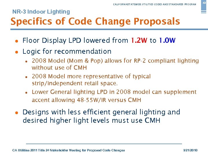 CALIFORNIASTATEWIDE UTILITIES CODES AND STANDARDS PROGRAM NR-3 Indoor Lighting Specifics of Code Change Proposals