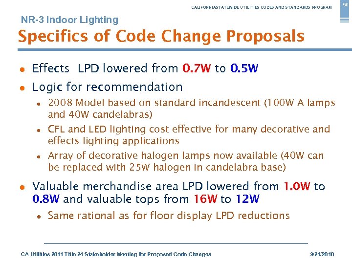 CALIFORNIASTATEWIDE UTILITIES CODES AND STANDARDS PROGRAM NR-3 Indoor Lighting Specifics of Code Change Proposals